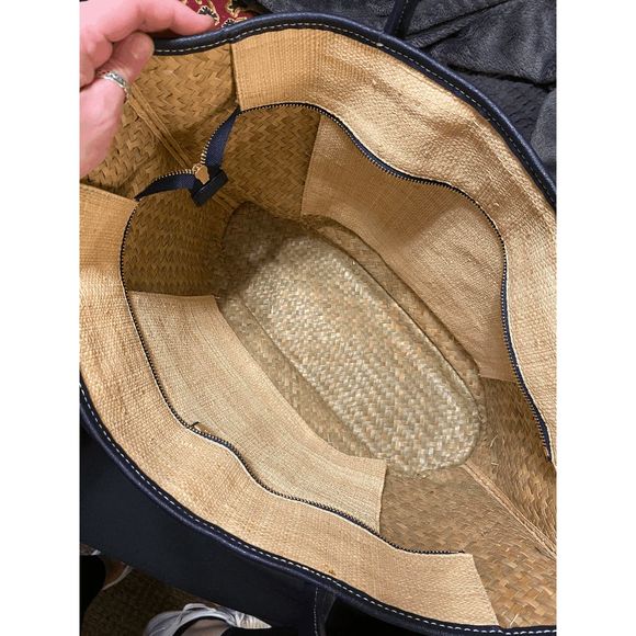 Tory Burch Raffia Navy Striped Straw Double Strap Tote Bag, Authentic - Picture 7 of 8